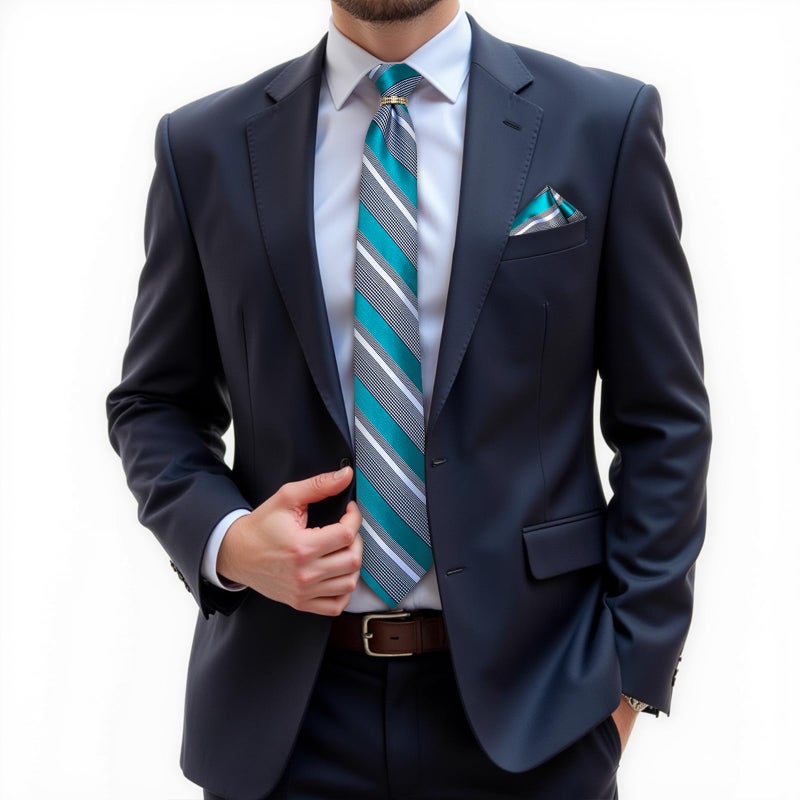 DiBanGu Mens Tie Set Silk Necktie and Gold Tie Ring Pocket Square Cufflinks Formal Business Wedding Ties with Gift Box, Teal and Grey - Image 2